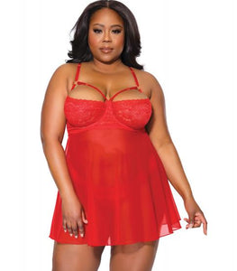 Holiday Scallop Stretch Lace & Mesh Babydoll & Thong Red/gold 3x/4x