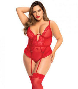 Heart Lace Underwire Bodysuit Red 3x/4x