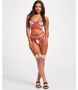 Sheer Stretch Mesh W/floral Contrast Embroidery Bustier, Garter Belt & Thong Red/nude Lg