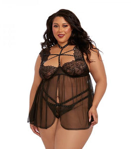 Dreamgirl  Plus-size Lace Babydoll With Thong Black 2x Hanging