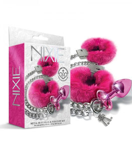 Nixie Metal Butt Plug & Furry Handcuff Set Medium Pink Metallic