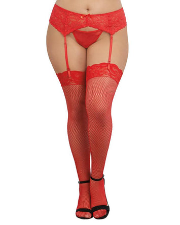 Fishnet Thigh Highs W/ Lace Top Red Q/s Default Title