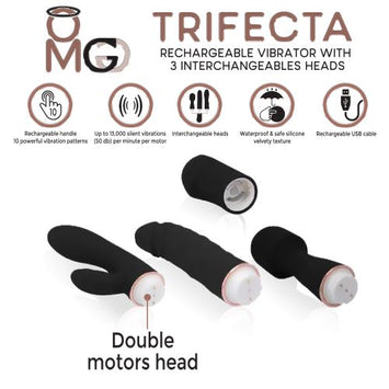 Trifecta Rechargeable Vibrator W/ 3 Interchangeable Heads Black Default Title