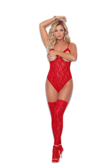 Cupless Stretch Lace Teddy W/ Thigh Hi's Red O/s Default Title