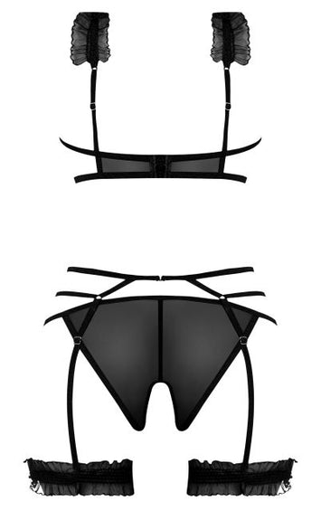 Ruffled Bra Garter & Panty Black 2XL