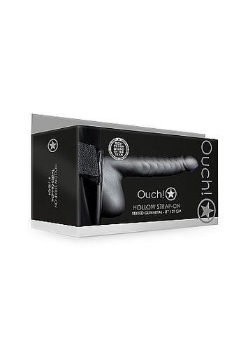 Ouch! Ribbed Hollow Strap-on 8 In W/ Balls Gunmetal