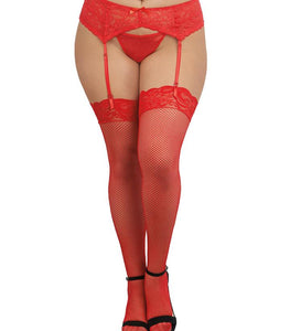 Fishnet Thigh Highs W/ Lace Top Red Q/s