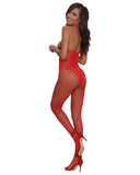 Open Cup Bodystocking W/ Knitted Lace Teddy Lipstick Red O/s