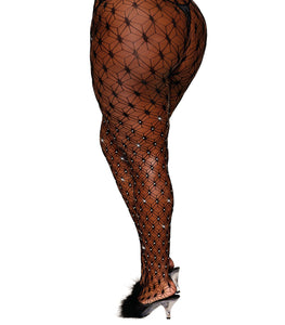 Geometric Fence Net Pantyhose W/ Rhinestones Black Q/s