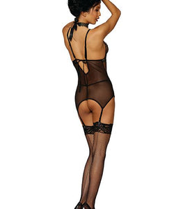 Diamond Mesh Garter Slip W/ Ruching Black O/s