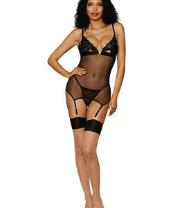 Lace & Mesh Garter Slip Set W/ Gold Hardware Black O/s