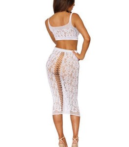 Seamless Sheer Lace Bralette & Slip Skirt White O/s