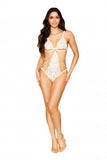 Stretch Lace Teddy W/ Pearls & Chain White O/s