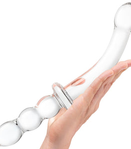 Glas 12in Girthy Ribbed G-spot Glass Dildo W/ Handle Grip