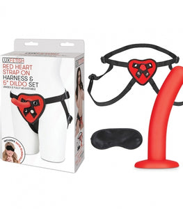 Lux Fetish Red Heart Strap On Harness & 5in Dildo Set