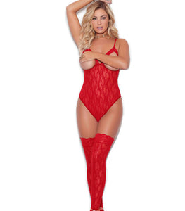 Cupless Stretch Lace Teddy W/ Thigh Hi's Red O/s