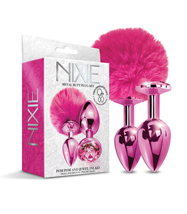 Nixie Metal Butt Plug Set Pom Pom & Jewel Metallic Pink Metallic