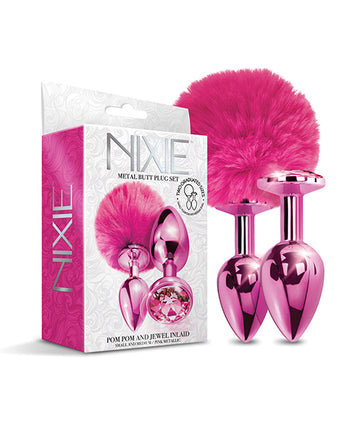 Nixie Metal Butt Plug Set Pom Pom & Jewel Metallic Pink Metallic