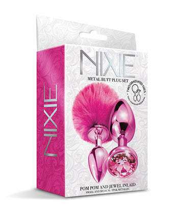 Nixie Metal Butt Plug Set Pom Pom & Jewel Metallic Pink Metallic