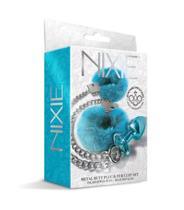 Nixie Metal Plug & Furry Cuff Set Metallic Blue