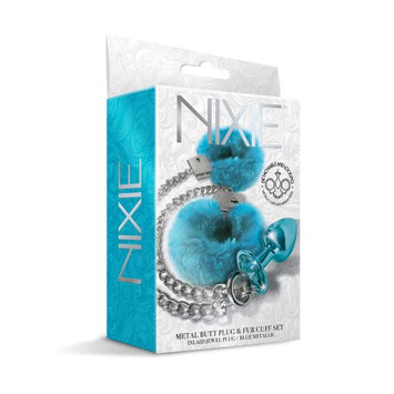 Nixie Metal Plug & Furry Cuff Set Metallic Blue