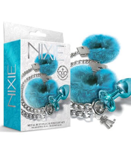 Nixie Metal Plug & Furry Cuff Set Metallic Blue