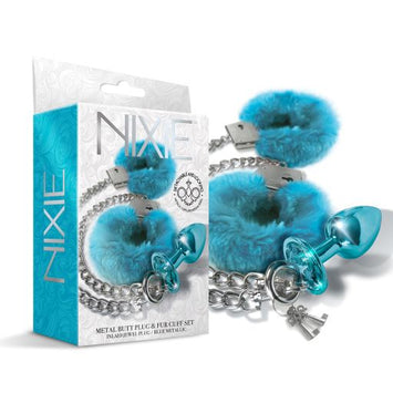 Nixie Metal Plug & Furry Cuff Set Metallic Blue