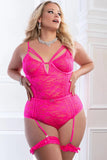 2pc Sheer Lace Teddy W/ Snap Crotch Glossy Pink Q/s