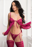 3pc Tie Front Babydoll Garter Thong & Stockings - Raspberry