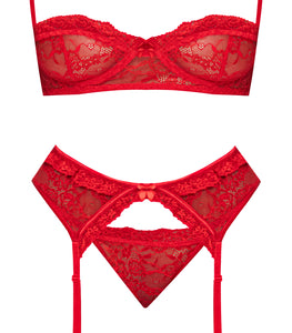 Sheer Mesh Bra Garter Belt & Panty Set Red