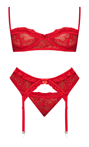 Sheer Mesh Bra Garter Belt & Panty Set Red L XL