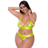 Strap Tease Bra & Crotchless Panty Neon