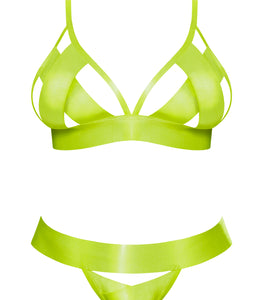 Strap Tease Bra & Crotchless Panty Neon