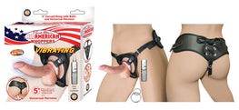 All American Whoppers 5 Vibrating Curved Dong W/balls Flesh & Universal Harness