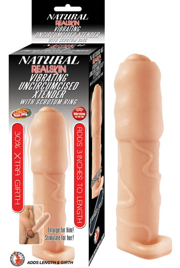 Natural Realskin Vibrating Uncircumcised Xtender W/ Scrotum Ring