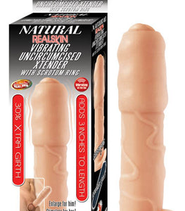 Natural Realskin Vibrating Uncircumcised Xtender W/ Scrotum Ring