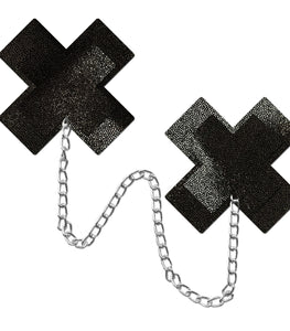 Pastease Chains Liquid Black X Cross W/ Chunky Silver Chain Nipple Pasties